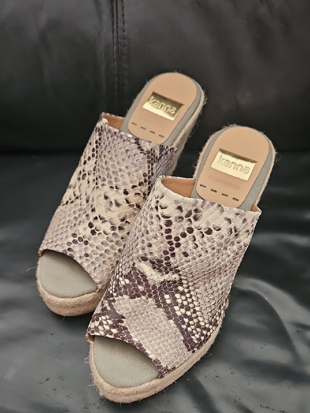 Kanna Open Toe Wedge Heel Mules Sz 6 Snakeskin Print Espadrille Platform Sandals - Picture 2 of 13